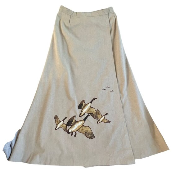 Vtg Bettmaar Artwear Cottagecore Wrap Maxi Skirt Womens 14 Canada Geese Flying - Picture 3 of 14